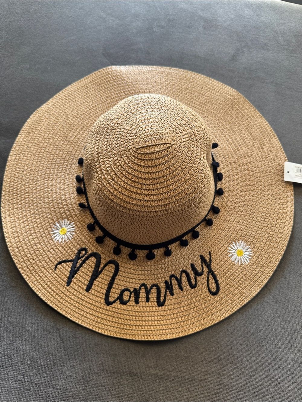 Wide Brim Straw Sun Hat with 'Mommy' Script & Daisy Embroidery One Size NEW